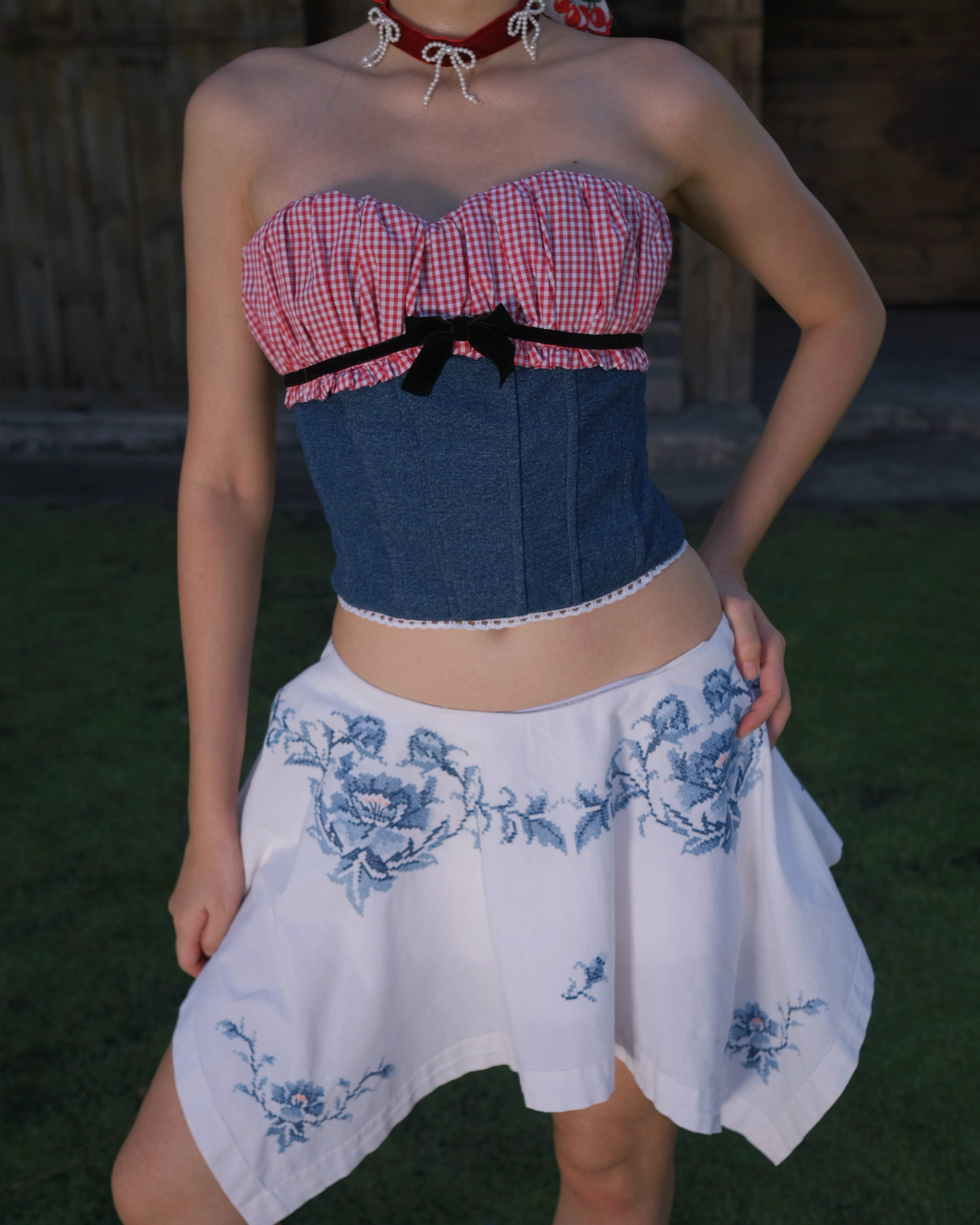 "HIBICUS" CORSET IN DENIM & REWORKED SKIRT