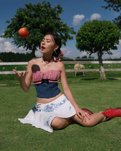 "HIBICUS" CORSET IN DENIM & REWORKED SKIRT